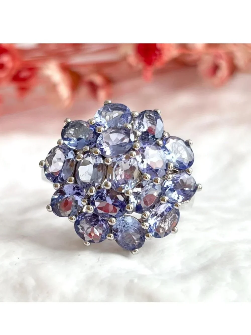 Tanzanite Gemstone Cluster Blooming Floral Sterling Silver 925 Vintage Ring sz 8